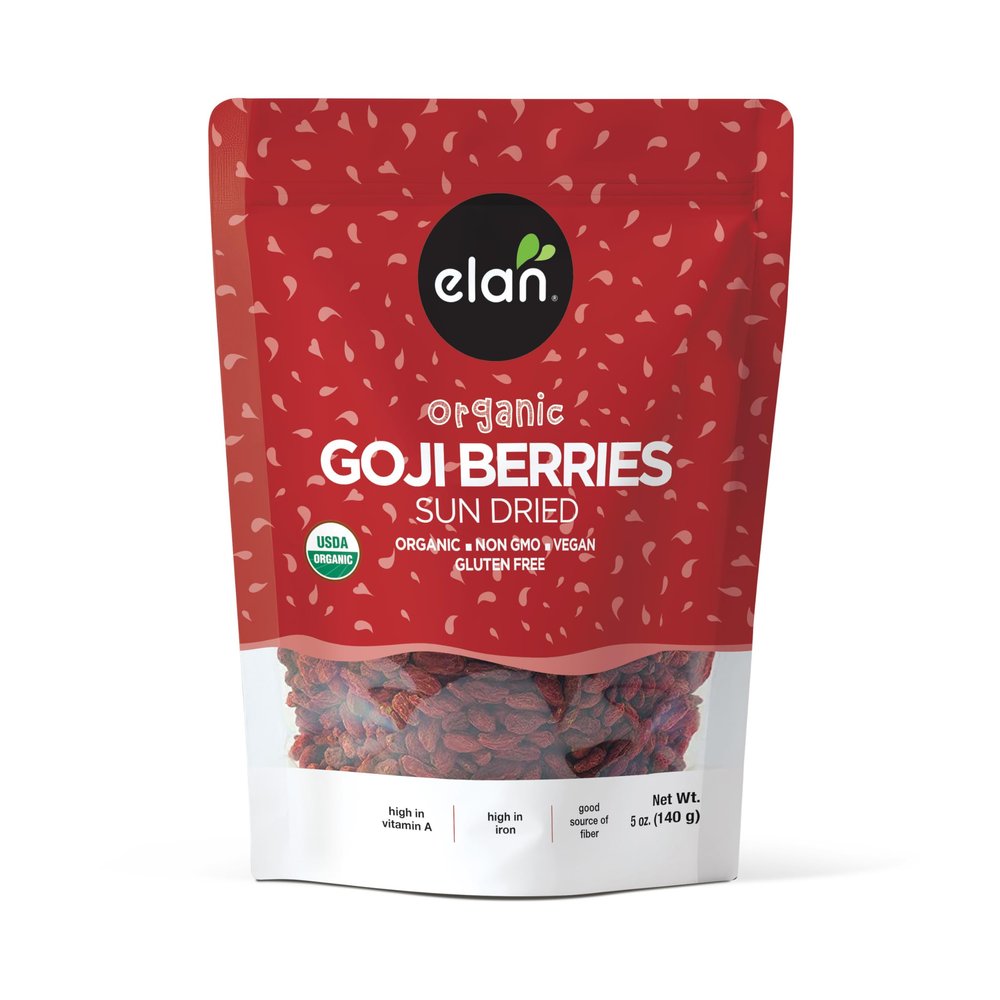 Elan Organic Dried Goji Berries, 4.9 oz, Sulphite-free, Non-GMO, Vegan, Gluten-Free, Kosher, Wolfberries, Healthy Snacks, Dried Fruit Snacks, Superfood