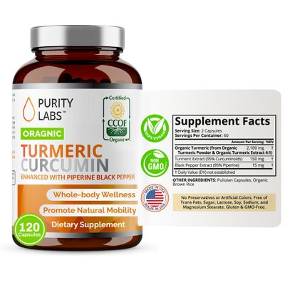 Purity Labs Organic Turmeric Curcumin Supplement with Piperine 2,250 MG/Serving | 95% Curcuminoids Turmeric Supplements, Antioxidant Joint Pain Relief, Muscle & Brain Support | Non-GMO - 120 Capsules