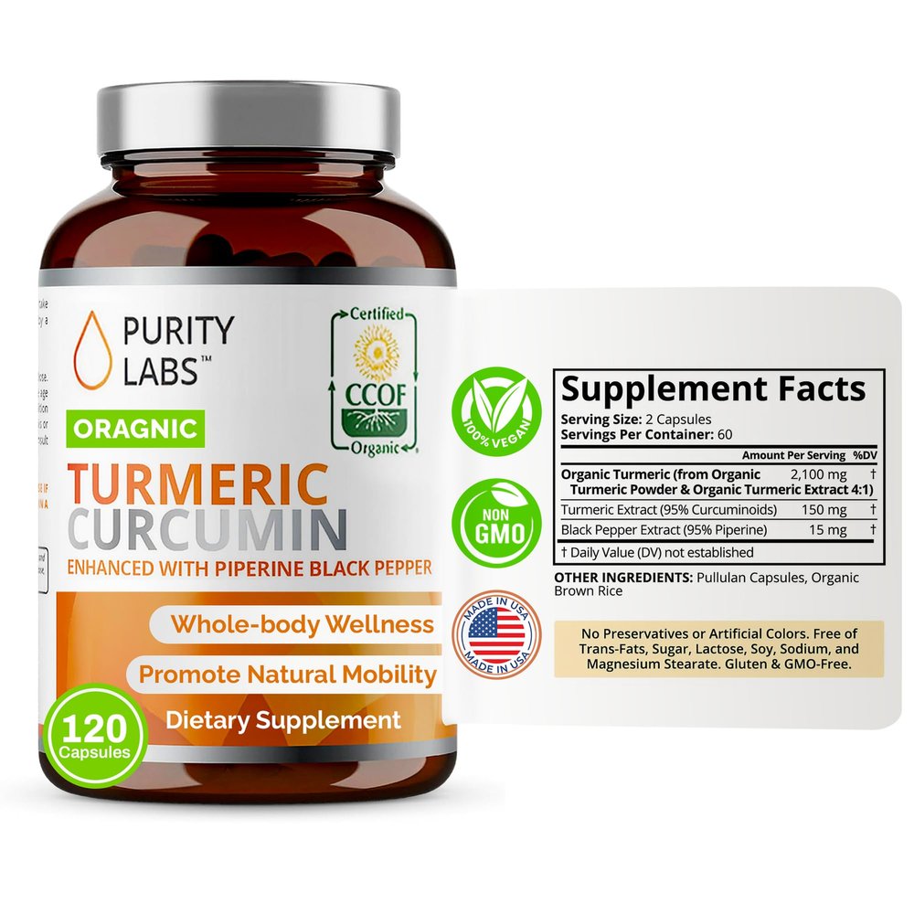 Purity Labs Organic Turmeric Curcumin Supplement with Piperine 2,250 MG/Serving | 95% Curcuminoids Turmeric Supplements, Antioxidant Joint Pain Relief, Muscle & Brain Support | Non-GMO - 120 Capsules