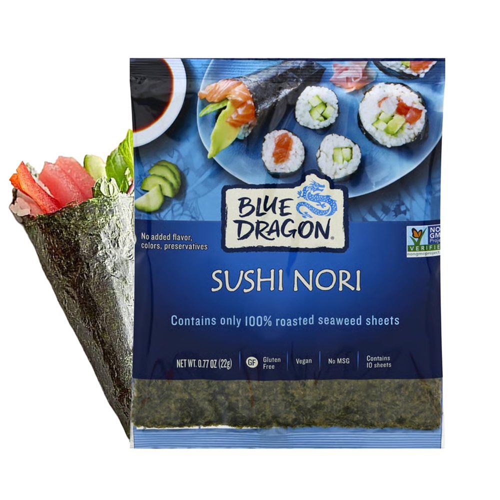 Blue Dragon Sushi Nori - 0.77oz (Pack of 1) - No Artificial Flavors Or Preservatives - Made With 100% Roasted Seaweed Sheets - Vegan, Gluten Free Seaweed Wraps - Ideal For Sushi Rolls & Hand Rolls
