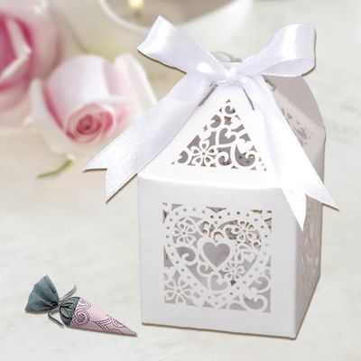 50pcs Red Leaves Candy Boxes, Favor Boxes, Gift Boxes for Birthday, Wedding Party Laser Cut Heart- Shape Design 2''x 2''x 3'' Inch White Boxes