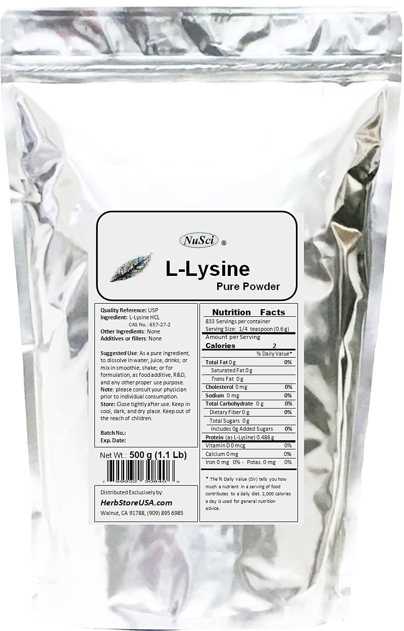 NuSci L-Lysine HCl Lysine Pure Powder (500 Grams (1.1 lb))