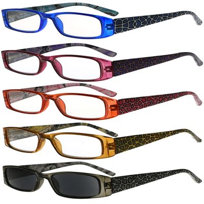 Eyekepper 5-Pack Spring Hinges Tiger Patterned Temples Rectangular Reading Glasses Sunshine Readers +4.0