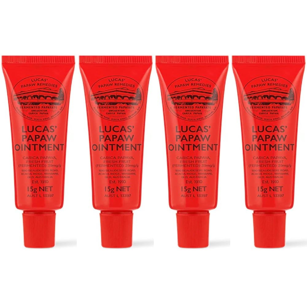 Lucas Papaw Ointment 4 Tubes of 15g Each with Lip Applicator Multipurpose Skin Relief Made in Australia
