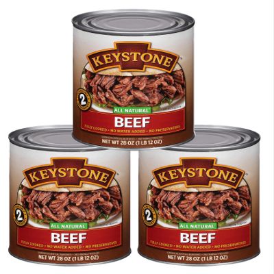 Keystone Meats All Natural Heat and Serve Canned Beef 28 oz Fully Cooked Canned Meat Ready to Eat 5-Year Shelf Life Pantry Staple for Everyday Meals, Emergency Survival Food Made in USA Pack of 3