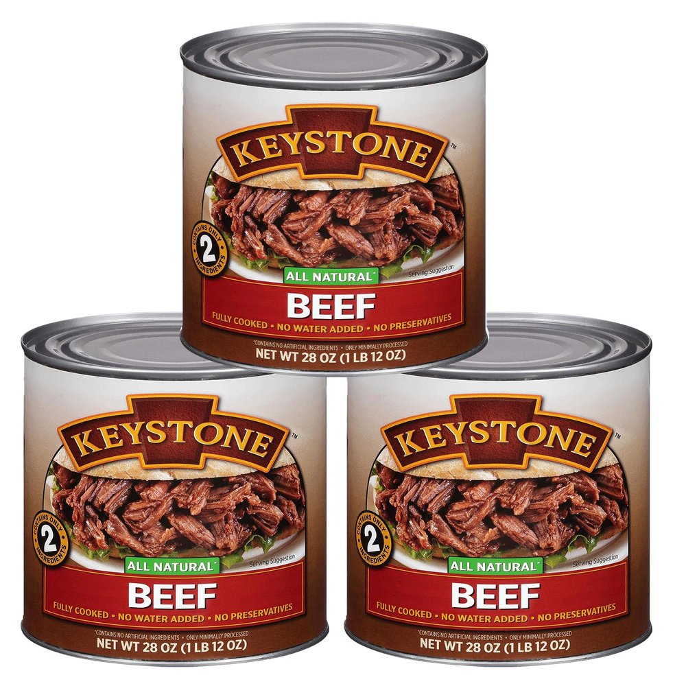 Keystone Meats All Natural Heat and Serve Canned Beef 28 oz Fully Cooked Canned Meat Ready to Eat 5-Year Shelf Life Pantry Staple for Everyday Meals, Emergency Survival Food Made in USA Pack of 3