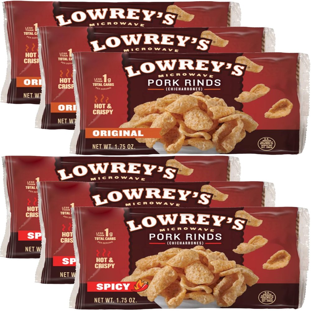 Lowreys Bacon Curls, microwave Pork Rinds Variety Combo, Original & Hot & Spicy, 1.75 Oz (Pack of 6)