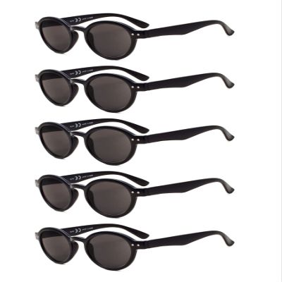 Eyekepper 5-Pack Spring Hinges Round Retro Reading Glasses Sunshine Readers Grey Lens +3.5