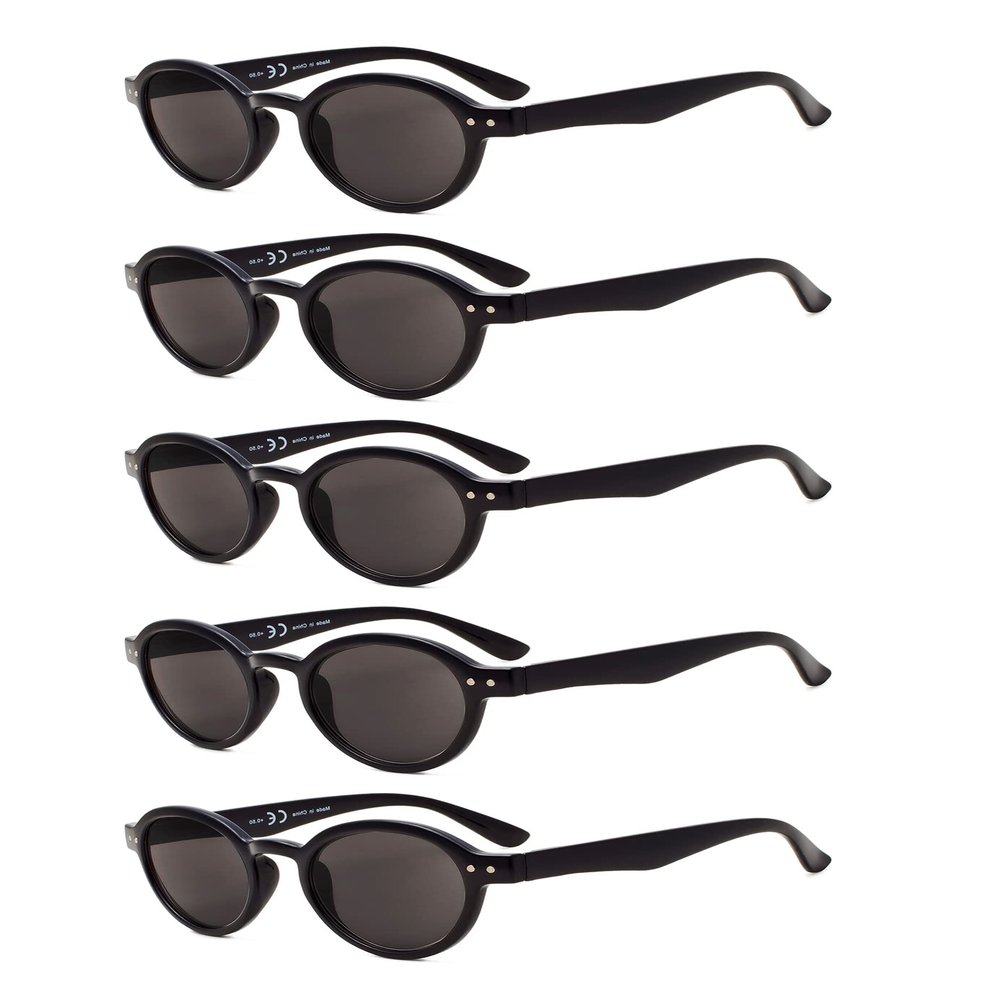 Eyekepper 5-Pack Spring Hinges Round Retro Reading Glasses Sunshine Readers Grey Lens +3.5