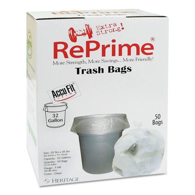 RePrime H6644TCRC1CT Can Liners 32gal 0.9mil Clear 33" x 44" 50/Box 6 Boxes/Carton