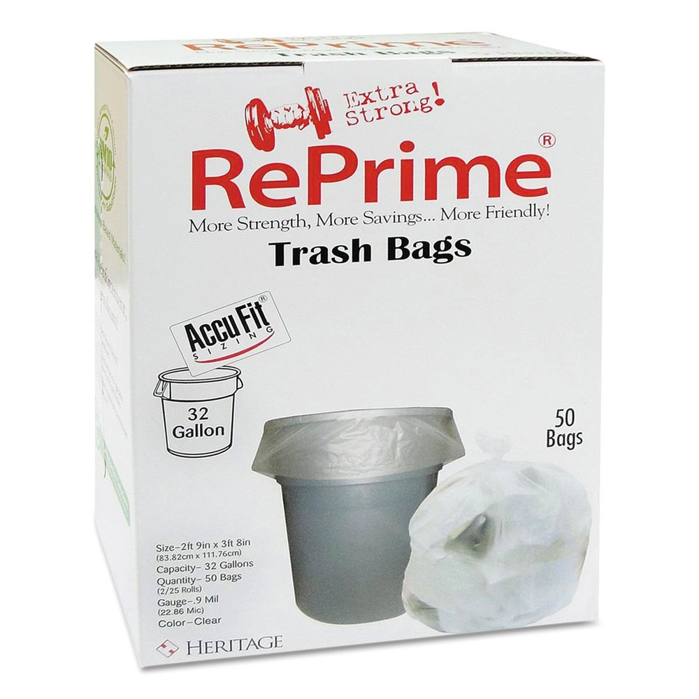 RePrime H6644TCRC1CT Can Liners 32gal 0.9mil Clear 33" x 44" 50/Box 6 Boxes/Carton