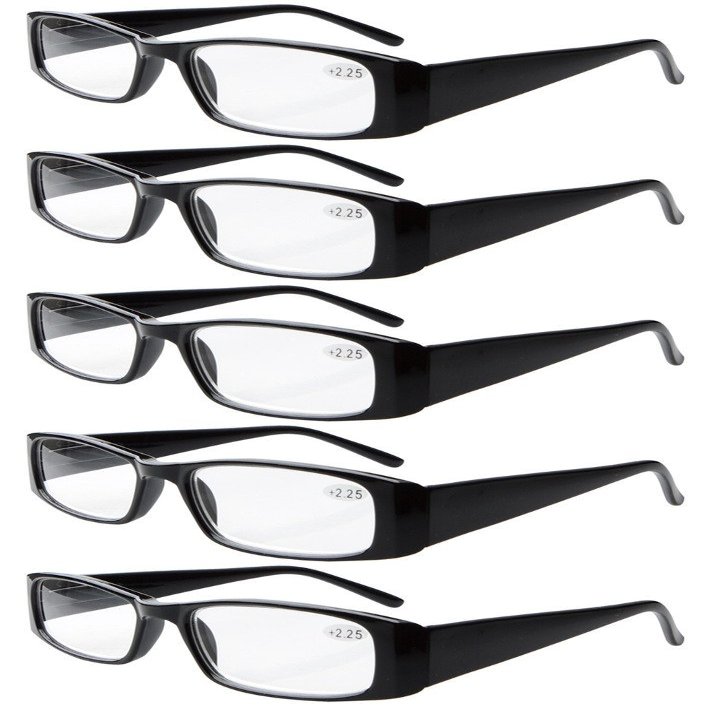 Eyekepper 5-Pack Spring Hinges Rectangular Reading Glasses Readers Black +1.5