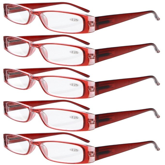Eyekepper 5-Pack Spring Hinges Rectangular Reading Glasses Readers Red +2.5