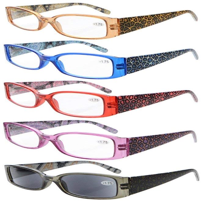 Eyekepper 5-Pack Spring Hinges Tiger Patterned Temples Reading Glasses Includes Sunshine Readers Women +1.25