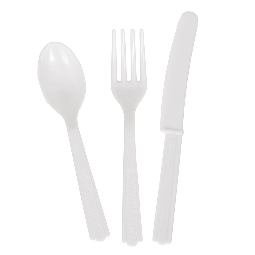 White Plastic Silverware Set for 8 Guests (24pcs)