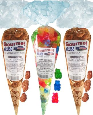 Almonds (2) Cinnamon Roasted (1) Assorted 12 Flavor Gummi Gummy Bears (NET WT 21 OZ) Gourmet Kruise Signature Gift Bags