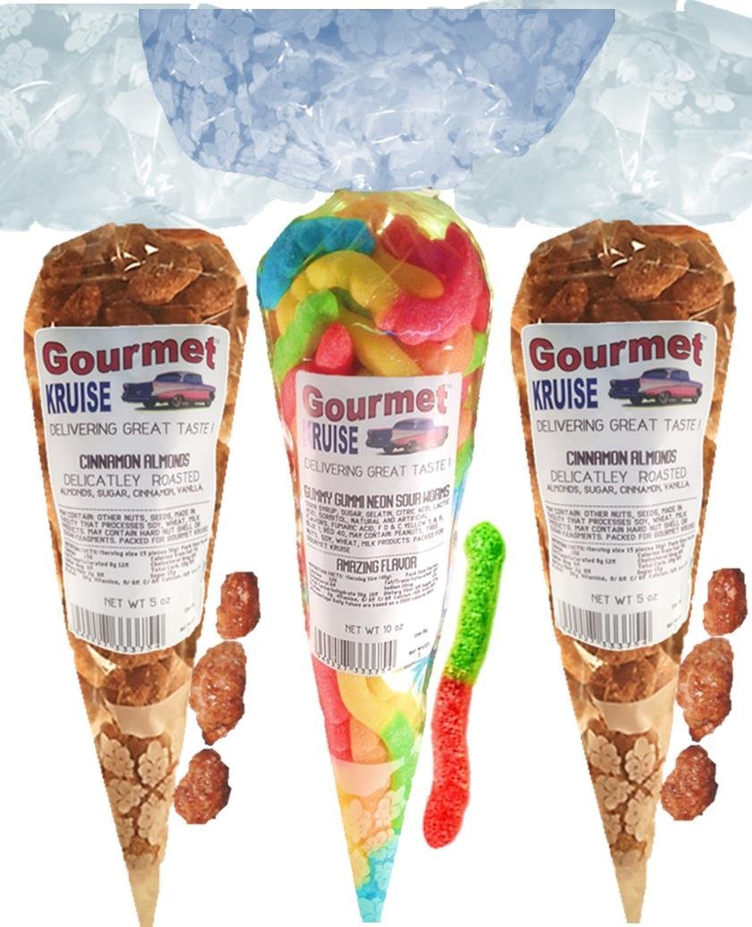 Almonds (2) Cinnamon Roasted (1) Sour Worms (NET WT 20 OZ) Gourmet Kruise Signature Gift Bags