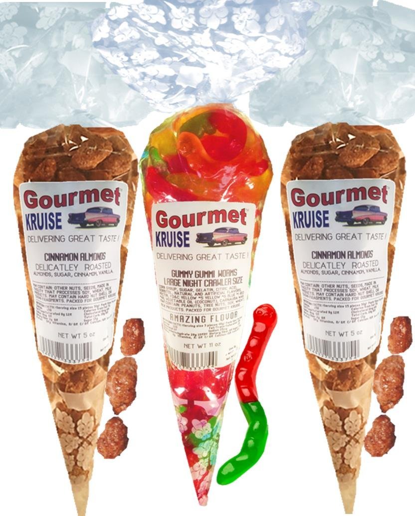 Almonds (2) Cinnamon Roasted (1) Worms Wild Fruit Assorted (NET WT 21 OZ) Gourmet Kruise Signature Gift Bags