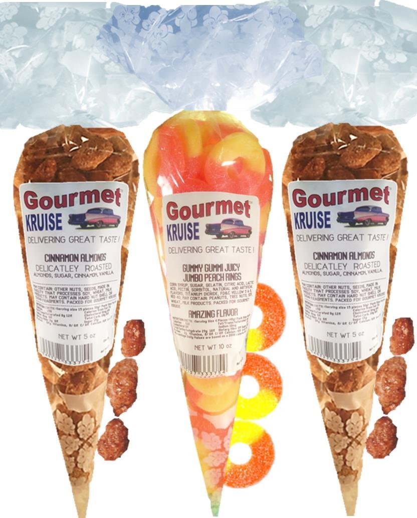 Almonds (2) Cinnamon Roasted (1) Juicy Jumbo Peach Rings (NET WT 20 OZ) Gourmet Kruise Signature Gift Bags