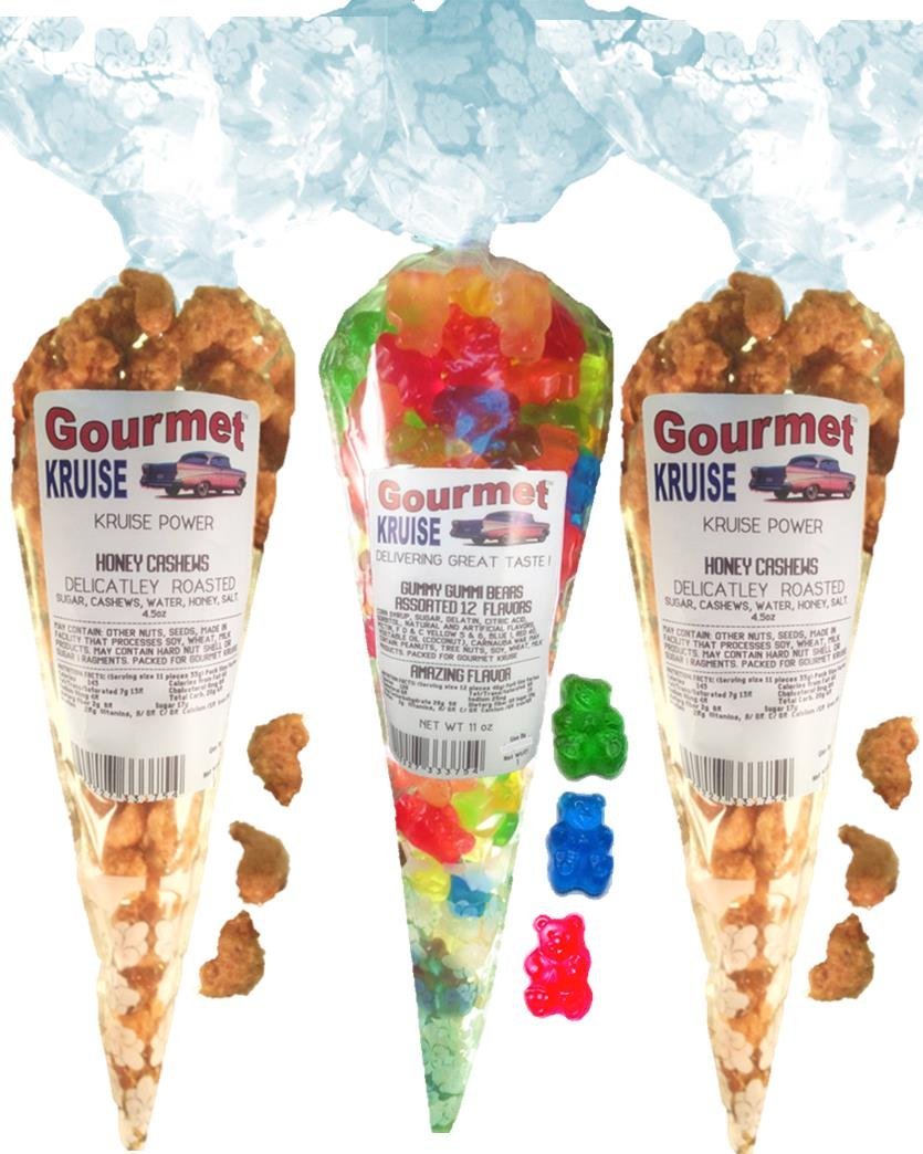 Cashews (2) Honey Salted Roasted Delicately (1) Assorted 12 Flavor Gummi Gummy Bears (NET WT 20 OZ) Gourmet Kruise Signature Gift Bags