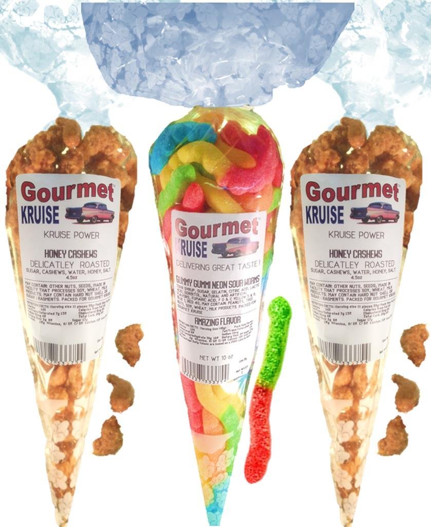 Cashews (2) Honey Salted Roasted Delicately (1) Sour Worms (NET WT 19 OZ) Gourmet Kruise Signature Gift Bags