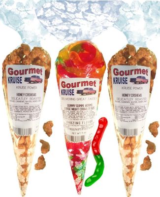 Cashews (2) Honey Salted Roasted Delicately (1) Worms Wild Fruit Assorted (NET WT 20 OZ) Gourmet Kruise Signature Gift Bags