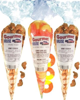 Cashews (2) Honey Salted Roasted Delicately (1) Juicy Jumbo Peach Rings (NET WT 19 OZ) Gourmet Kruise Signature Gift Bags