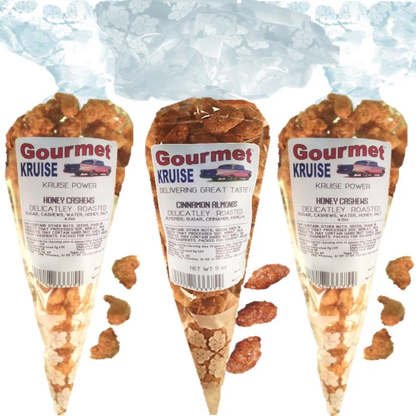 Cashews (2) Honey Salted Roasted Delicately (1) Almonds Cinnamon Roasted Delicately (NET WT 14 OZ) Gourmet Kruise Signature Gift Bags
