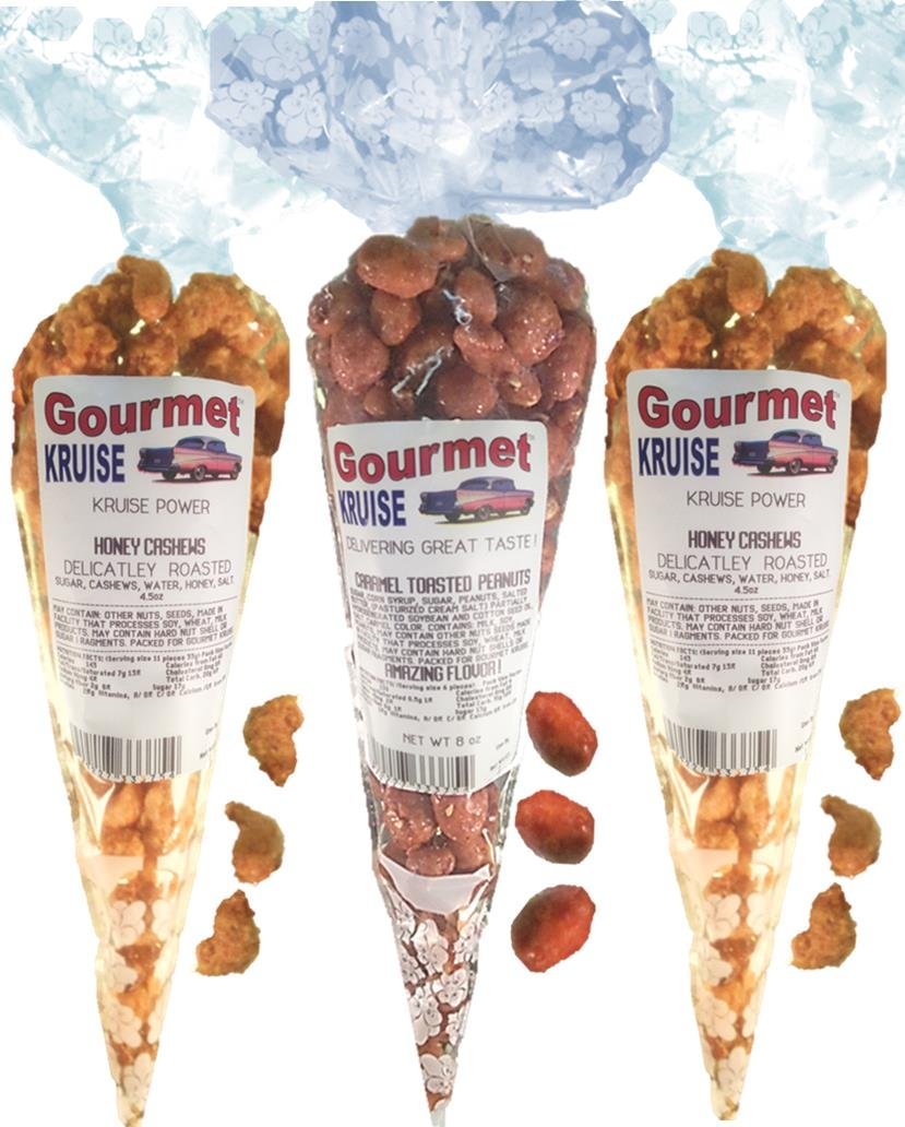 Cashews (2) Honey Salted Roasted Delicately (1) Caramel Toasted Peanuts (NET WT 17 OZ) Gourmet Kruise Signature Gift Bags