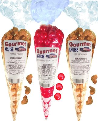 Cashews (2) Honey Salted Roasted Delicately (1) Sour Cherry Balls Fire Engine Red (NET WT 19 OZ) Gourmet Kruise Signature Gift Bags