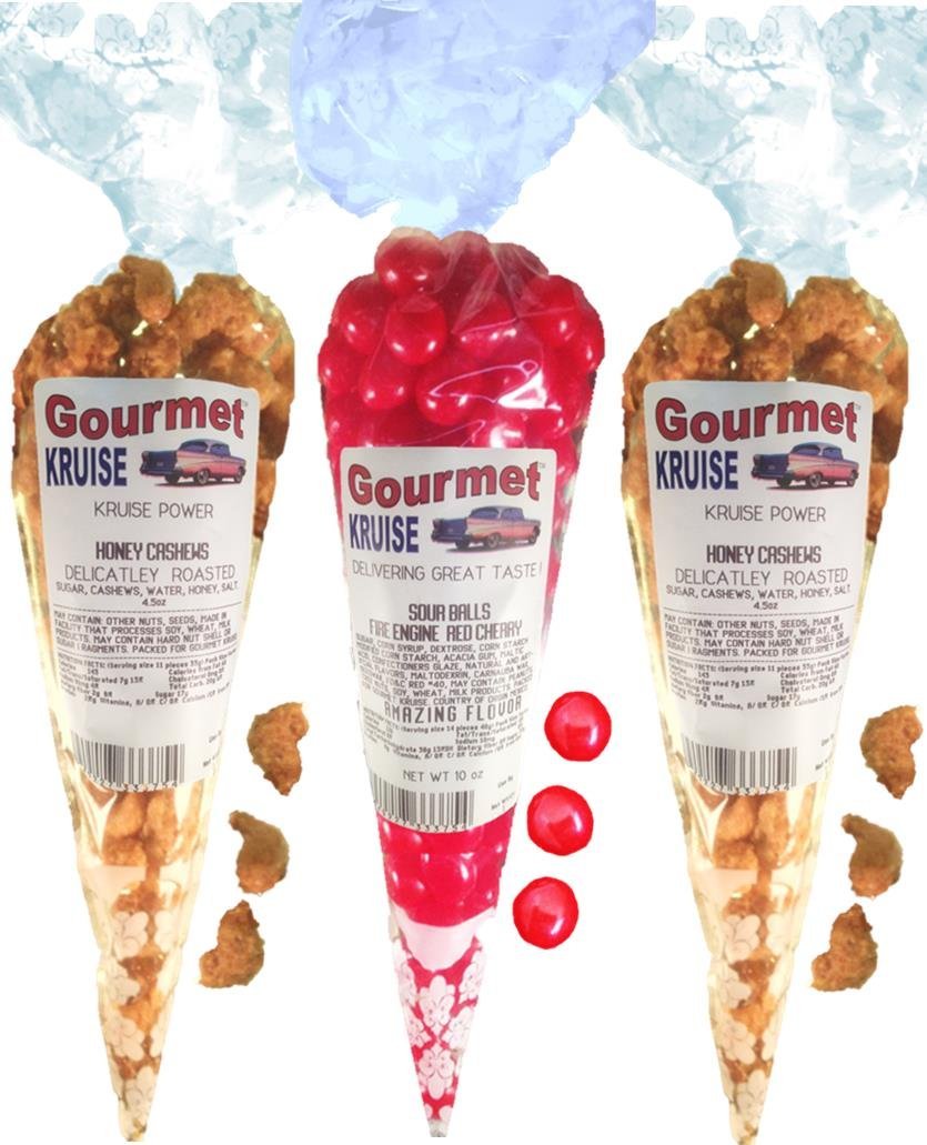 Cashews (2) Honey Salted Roasted Delicately (1) Sour Cherry Balls Fire Engine Red (NET WT 19 OZ) Gourmet Kruise Signature Gift Bags