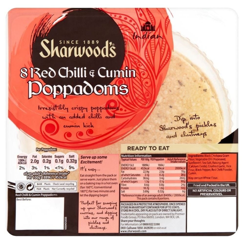 Sharwood's Spicy Chilli & Cumin Poppodums Ready to Eat (8) - Pack of 6
