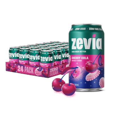 Zevia Zero Sugar Soda, Cherry Cola, 12 oz Cans (24-Pack) Naturally Sweetened, Non-GMO Project Verified, Gluten-Free, Vegan