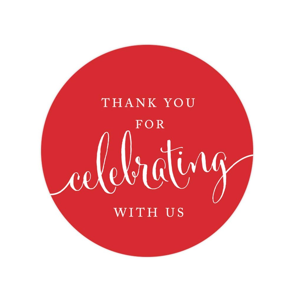 Andaz Press Circle Gift Label Stickers, Thank You for Celebrating with Us, Red, 40-Pack, Round Thanks Label for Baby Bridal Wedding Shower, Graduation, Label Party Favors Red Thank You Stickers