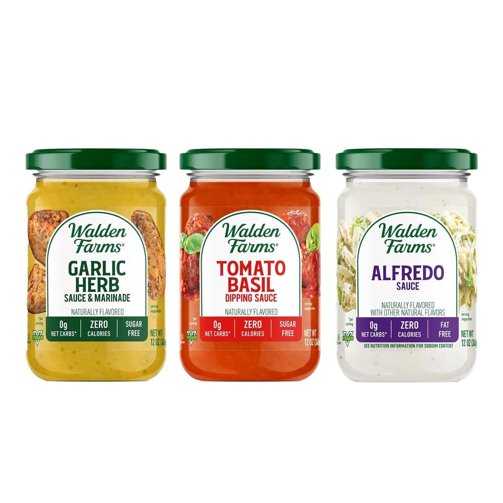 Walden Farms Variety Sauce Pack Garlic Herb, Tomato Basil & Alfredo Sauces Zero Calorie, Sugar Free, Keto & No Carb 3-Pack, 12 oz Bottles