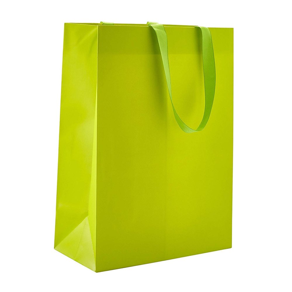 10" x 5" x 13" Lime Manhattan Matte - 100 Pack Satin Ribbon Handle Gift Tote Bags