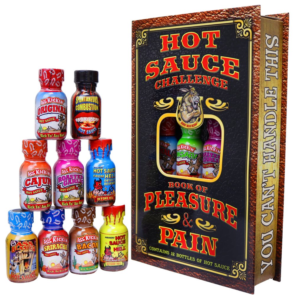 Hot Sauce Challenge Book Of Pleasure & Pain - 12 0.75 Ounce Bottles Gift Set - Perfect Premium Gourmet Hot Sauce Gift Set - Try If You Dare!