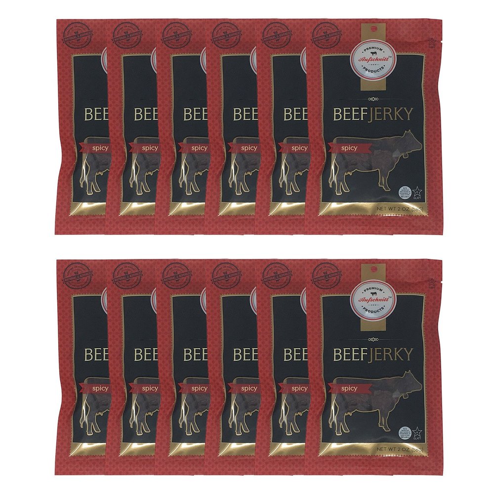 Aufschnitt Grass Fed Beef Jerky - Low Sodium, Certified Kosher - Made in USA - Keto Friendly - 12 Pack, Spicy