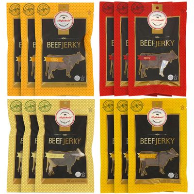 Aufschnitt Grass Fed Beef Jerky - Low Sodium, Certified Kosher - Made in USA - Keto Friendly- 12 Pack, Variety Pack