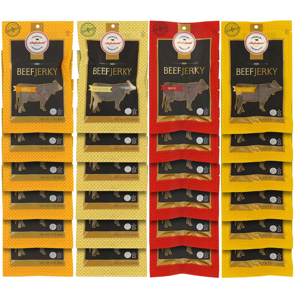 Aufschnitt Grass Fed Beef Jerky - Low Sodium, Certified Kosher - Made in USA - Keto Friendly - 24 Pack, Variety Pack