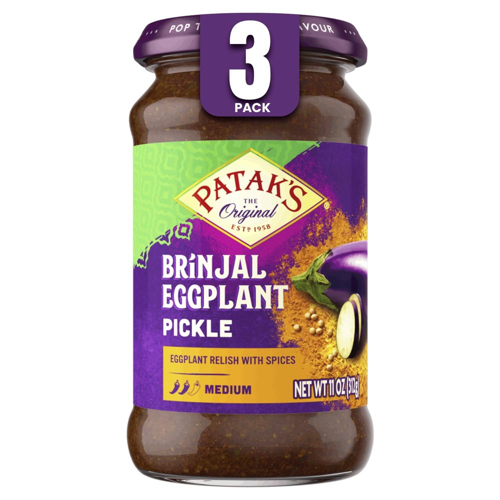 Pataks Brinjal Eggplant Pickle - Medium Heat Spicy Indian Pickle Relish w/Mustard Seeds, Garlic & Aromatic Spices - Vegan & Gluten-Free Indian Eggplant Achar - Ready to Serve - 11oz Jar (Pack of 3)