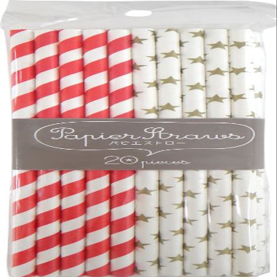 Okato Paper Straws, Pack of 20, Red, Gold Star, 0.2 x 7.7 inches (0.6 x 19.5 cm)