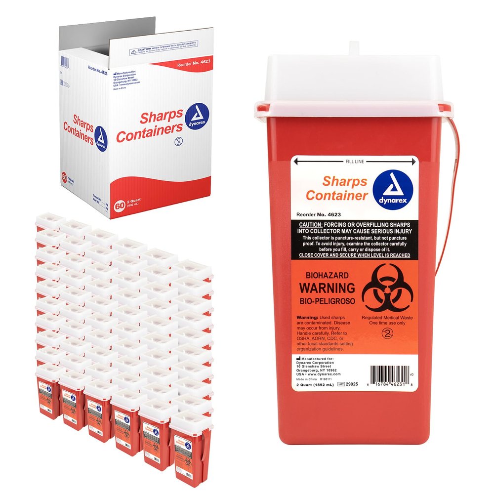 Dynarex Sharps Container, Provides a Safe Disposal of Medical Waste and Needles, Non-Sterile & Latex-Free, Made with Thermoplastic, Red, 1 Case (2 Quart, 60)