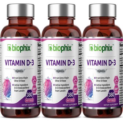 biophix Vitamin D-3 10000 IU 380 Softgels 3 Pack - High-Potency in Extra Virgin Olive Oil Non-GMO Soy-Free Supports Strong Bones Immune Health