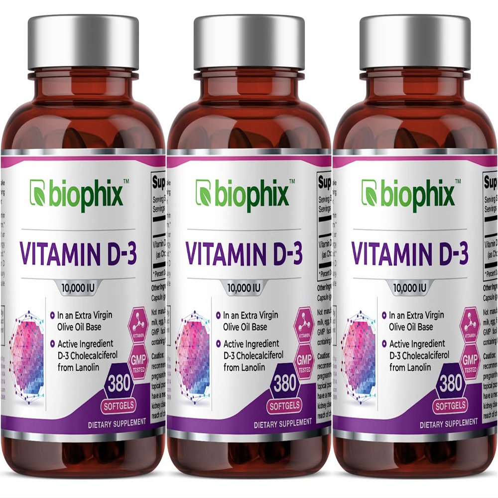 biophix Vitamin D-3 10000 IU 380 Softgels 3 Pack - High-Potency in Extra Virgin Olive Oil Non-GMO Soy-Free Supports Strong Bones Immune Health