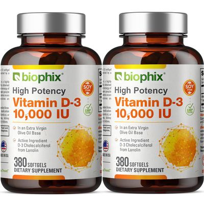 biophix Vitamin D-3 10000 IU 380 Softgels Vitamin 2 Pack - High-Potency in Extra Virgin Olive Oil Non-GMO Soy-Free Supports Strong Bones Immune Health