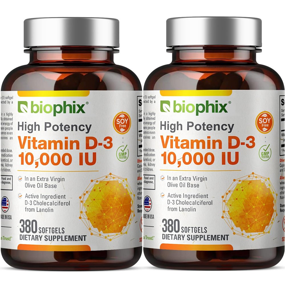biophix Vitamin D-3 10000 IU 380 Softgels Vitamin 2 Pack - High-Potency in Extra Virgin Olive Oil Non-GMO Soy-Free Supports Strong Bones Immune Health