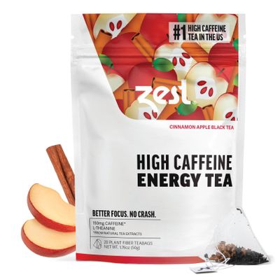Zest Cinnamon Apple Spice Energy Tea High Caffeine Black Tea Bags for Focus, Clarity & Morning Energy Natural Non-GMO Caffeinated Breakfast Tea Cozy Fall Focus Tea with 150mg Caf 20Ct Pack