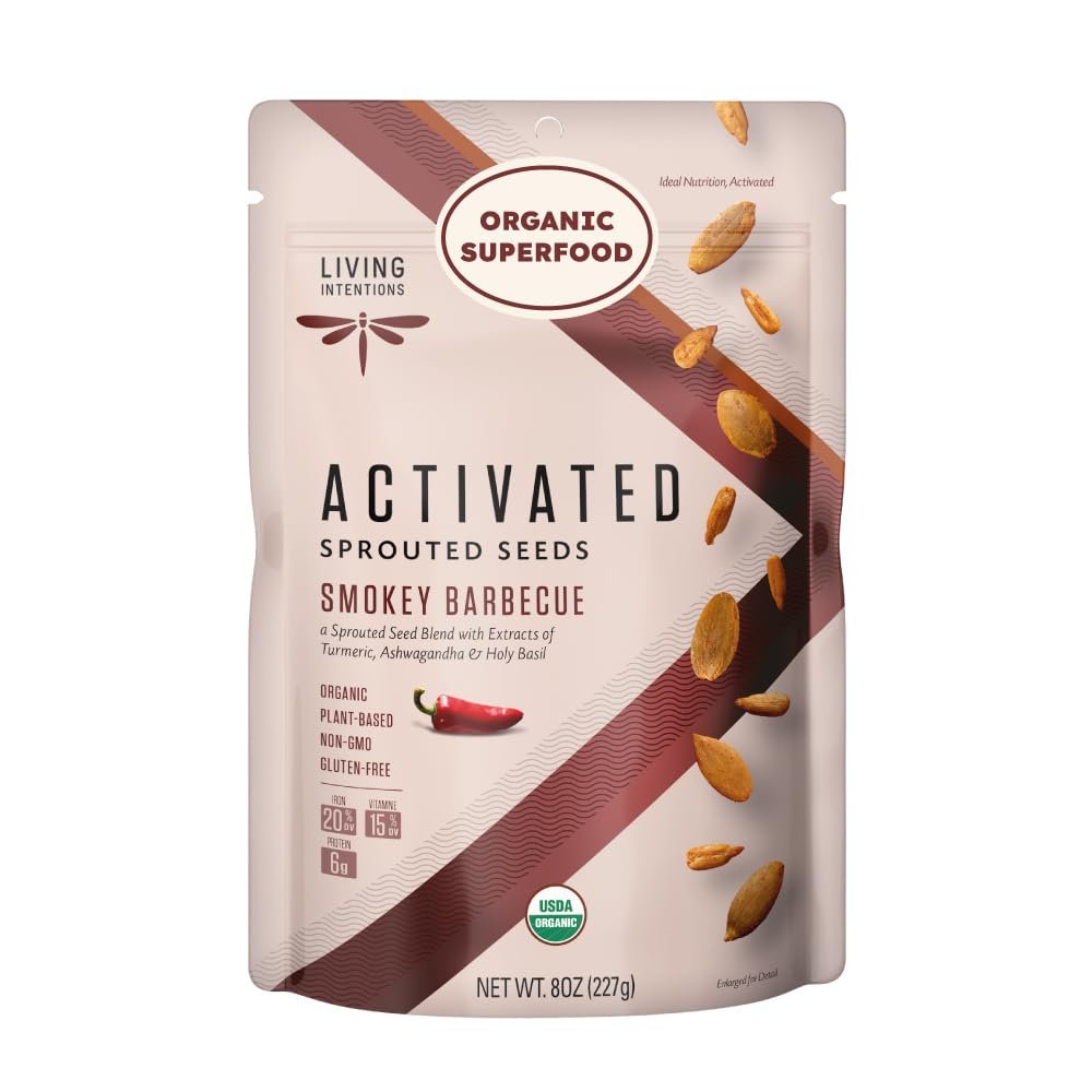 Living Intentions Organic Sprouted Sunflower Seeds: Smokey Barbeque NonGMO Gluten Free Vegan Paleo Kosher 8 Ounce Unit