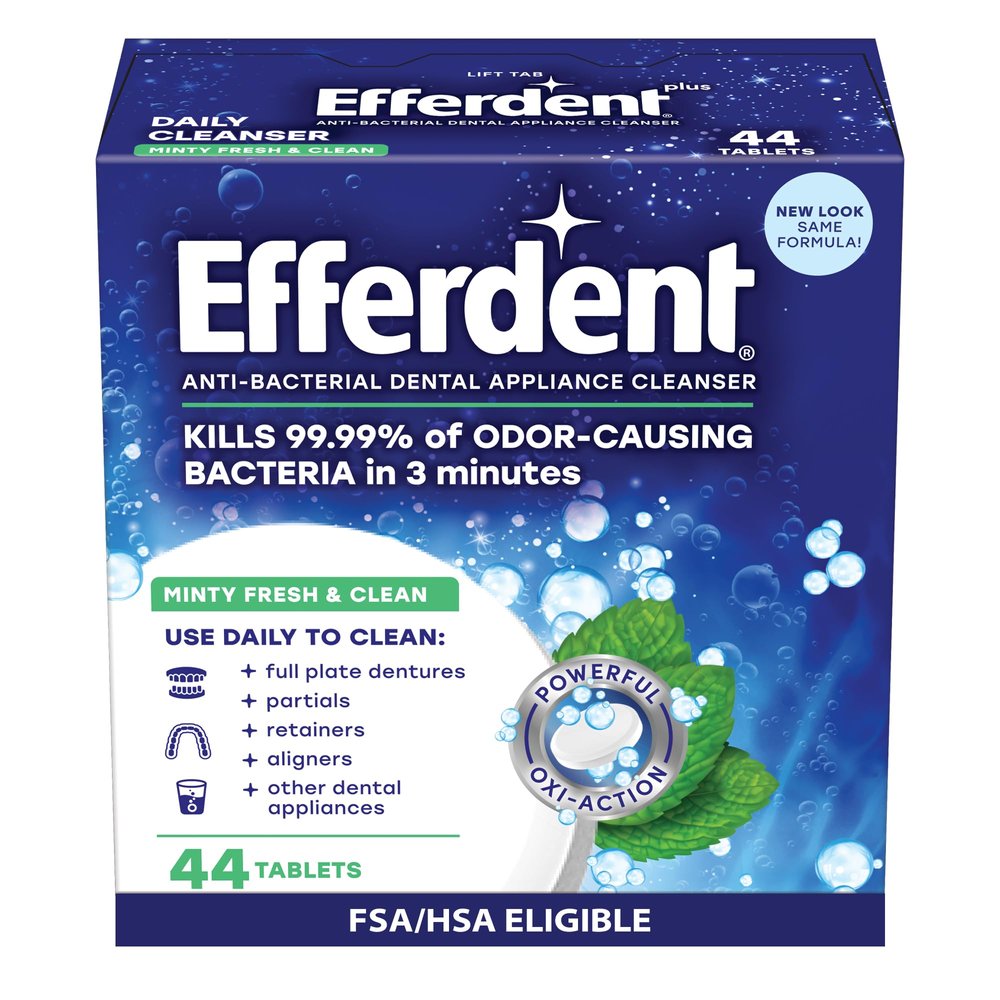 Efferdent Denture Cleaner Tablets  Dental Appliances, Aligners, Mouth Guard, and Retainer Cleaner Tablets, Minty Fresh & Clean, 44 Count